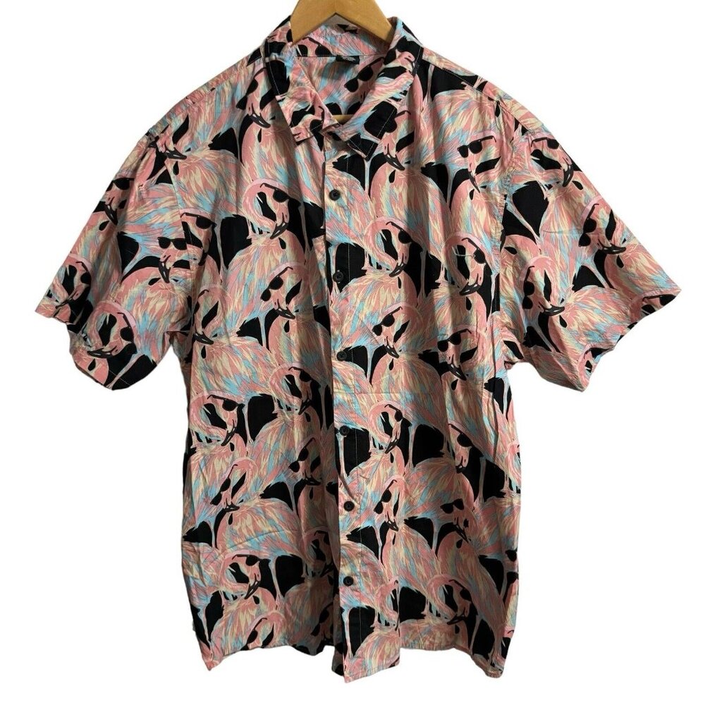 Neff Men Button Up Shirt Large Pink Flamingo Sunglasses Allover Print Summer XXL